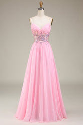 Rosa Korsett Spaghettiträger A-Linie Ballkleid mit Plissee
